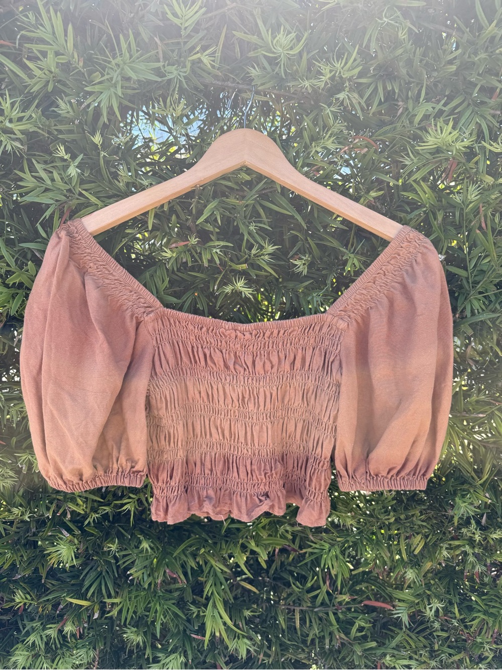Rhythm Smocked Off-Shoulder Puff Sleeve Crop Top - Brown